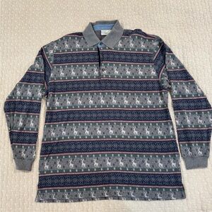 L.L. Bean Long Sleeve Gray and Blue Cotton Polo Shirt w Reindeer (Vintage)